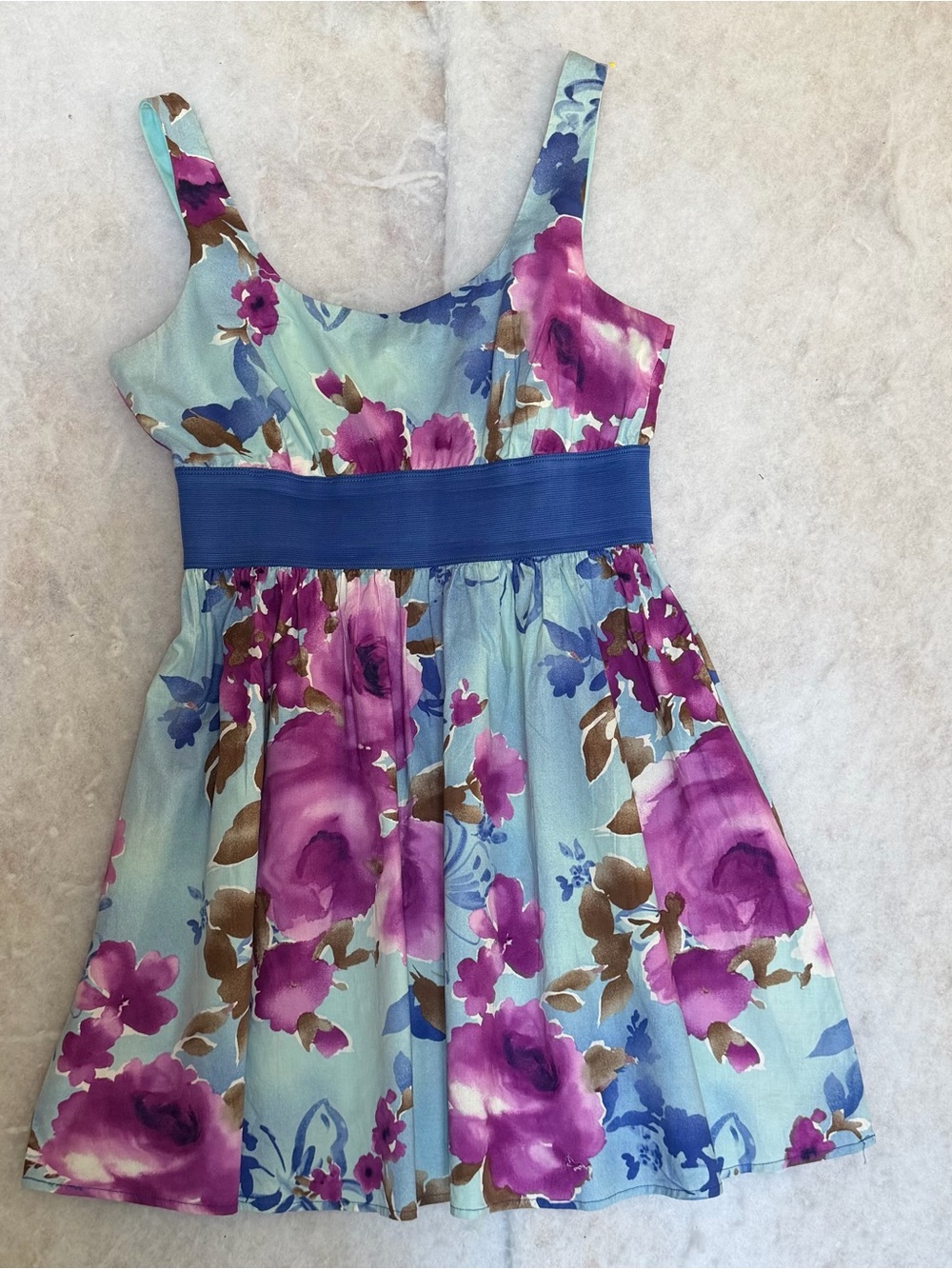 Charlotte Russe Aqua Floral Dress with Purple Blooms and Blue Waistband (SKU858)